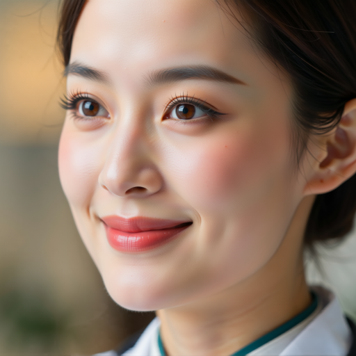高级开发工程师头像，三十岁左右女性，穿白色衬衫，背景为浅蓝色，微笑表情